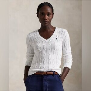NWT Ralph Lauren Sport Cable Knit V-Neck Sweater Large White Preppy Tennis